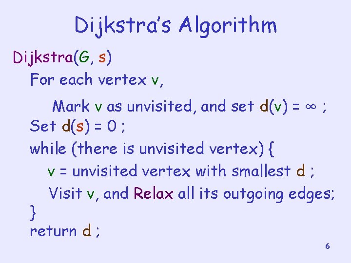 Dijkstra’s Algorithm Dijkstra(G, s) For each vertex v, Mark v as unvisited, and set