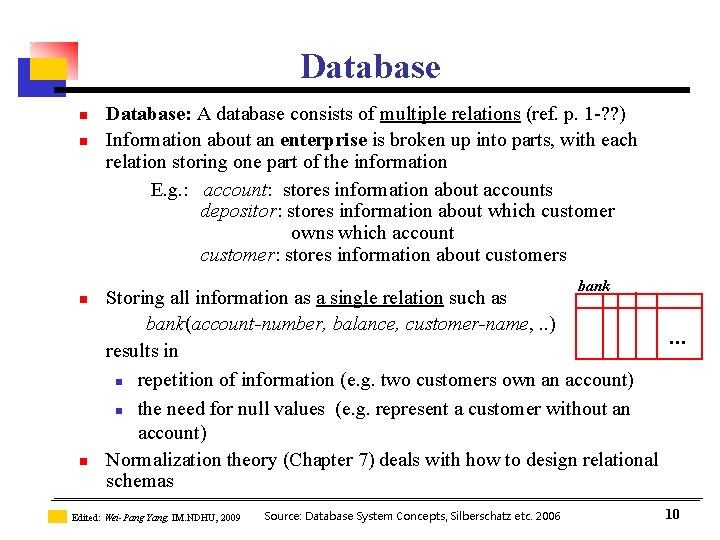 Database n n Database: A database consists of multiple relations (ref. p. 1 -? Database n n Database: A database consists of multiple relations (ref. p. 1 -?