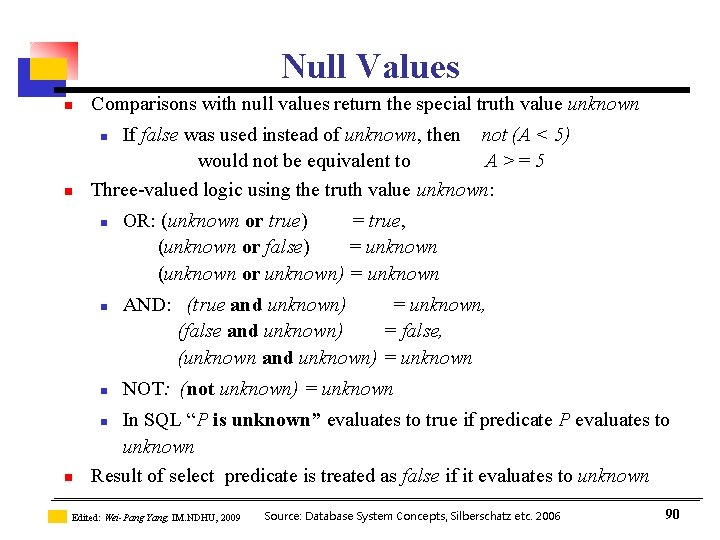 Null Values n Comparisons with null values return the special truth value unknown n Null Values n Comparisons with null values return the special truth value unknown n