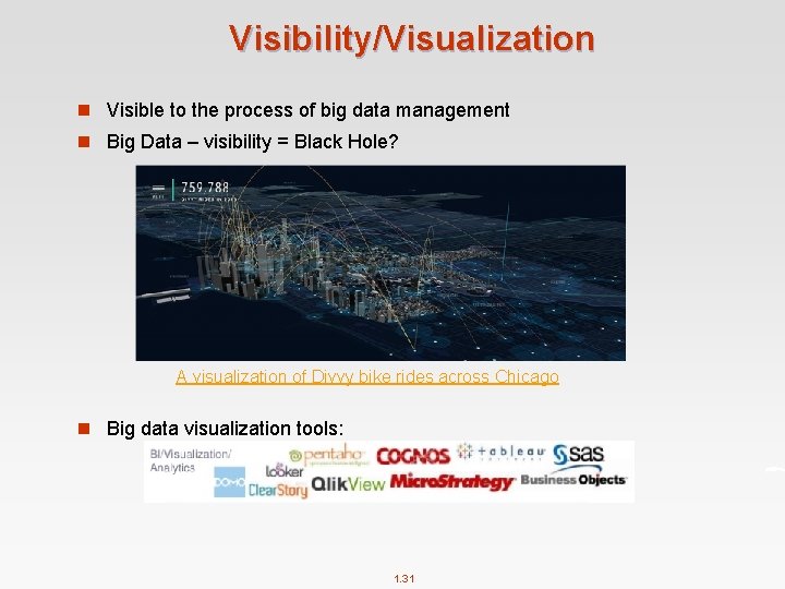 Visibility/Visualization n Visible to the process of big data management n Big Data –