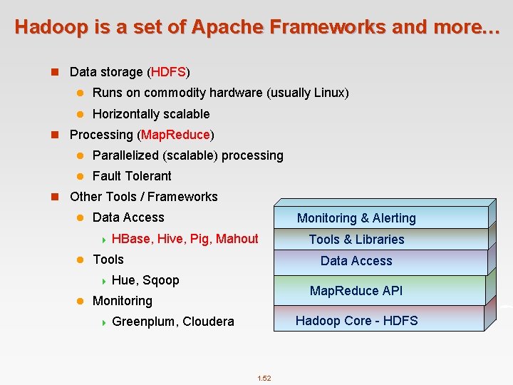 Hadoop is a set of Apache Frameworks and more… n Data storage (HDFS) l