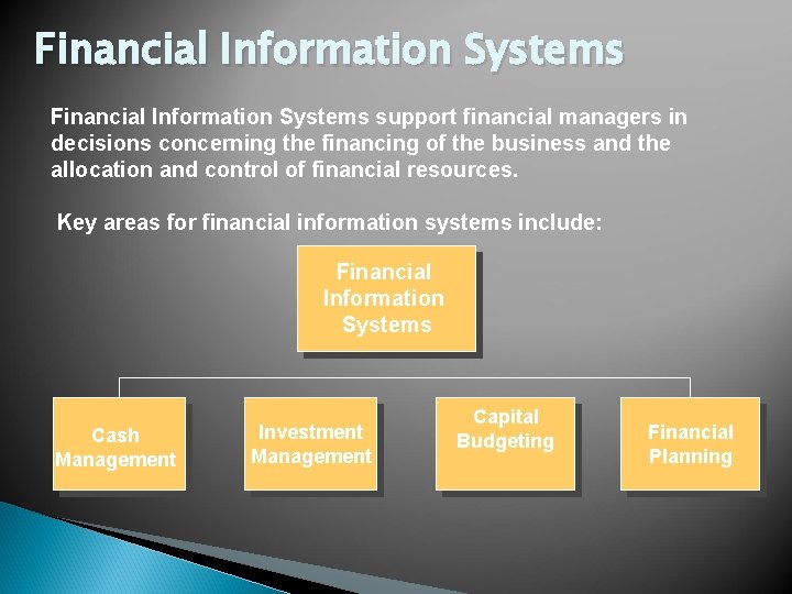 Financial Information Systems support financial managers in decisions concerning the financing of the business