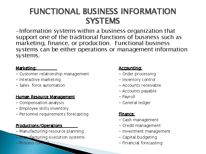 FUNCTIONAL BUSINESS INFORMATION SYSTEMS -Information systems within a business organization that support one of