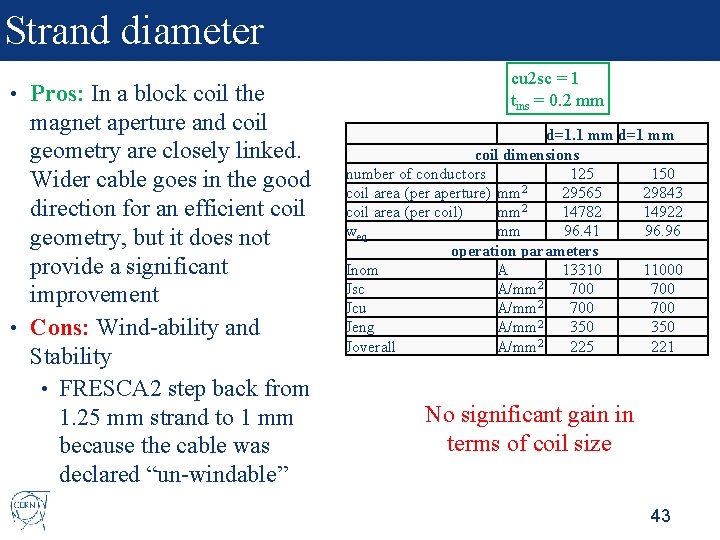 Strand diameter Pros: In a block coil the magnet aperture and coil geometry are