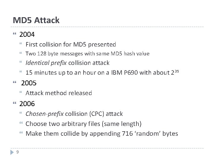 MD 5 Attack 2004 First collision for MD 5 presented Two 128 byte messages