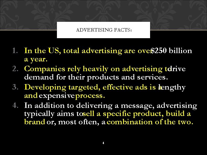 ADVERTISING FACTS: 1. In the US, total advertising are over$250 billion a year. 2.