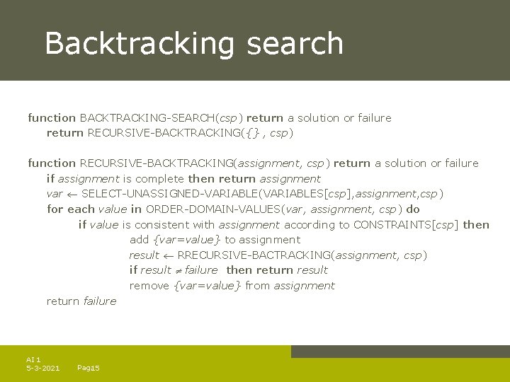 Backtracking search function BACKTRACKING-SEARCH(csp) return a solution or failure return RECURSIVE-BACKTRACKING({} , csp) function Backtracking search function BACKTRACKING-SEARCH(csp) return a solution or failure return RECURSIVE-BACKTRACKING({} , csp) function