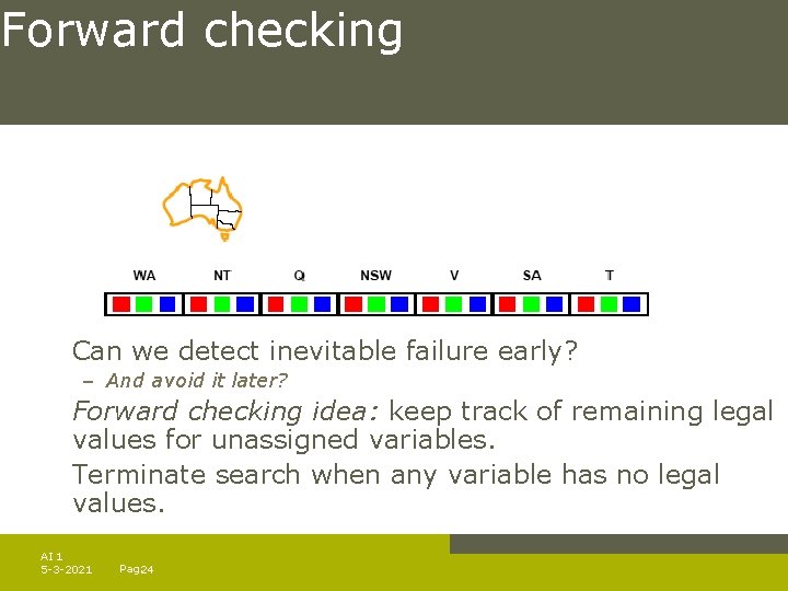 Forward checking Can we detect inevitable failure early? – And avoid it later? Forward Forward checking Can we detect inevitable failure early? – And avoid it later? Forward