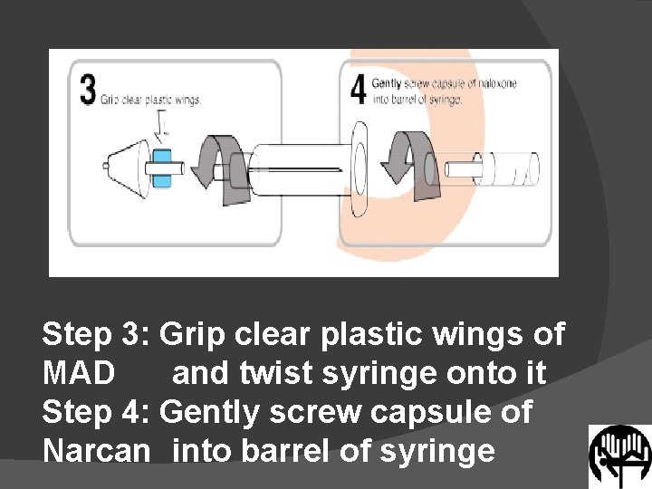 Step 3: Grip clear plastic wings of MAD and twist syringe onto it Step