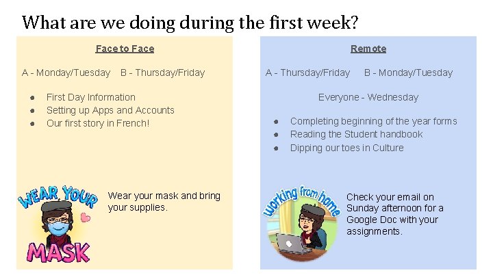 What are we doing during the first week? Face to Face A - Monday/Tuesday
