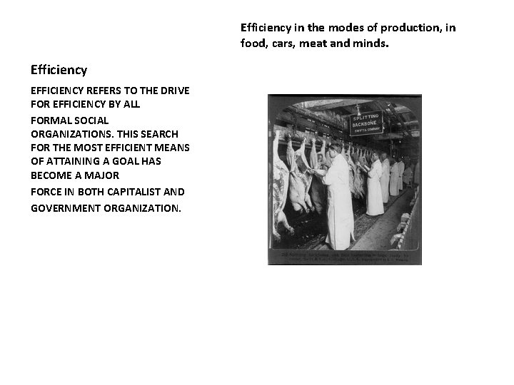 Efficiency in the modes of production, in food, cars, meat and minds. Efficiency EFFICIENCY