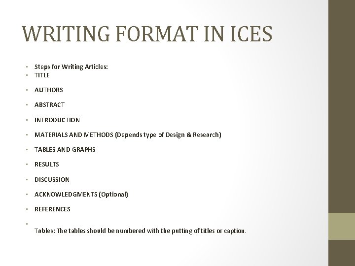 WRITING FORMAT IN ICES • Steps for Writing Articles: • TITLE • AUTHORS •
