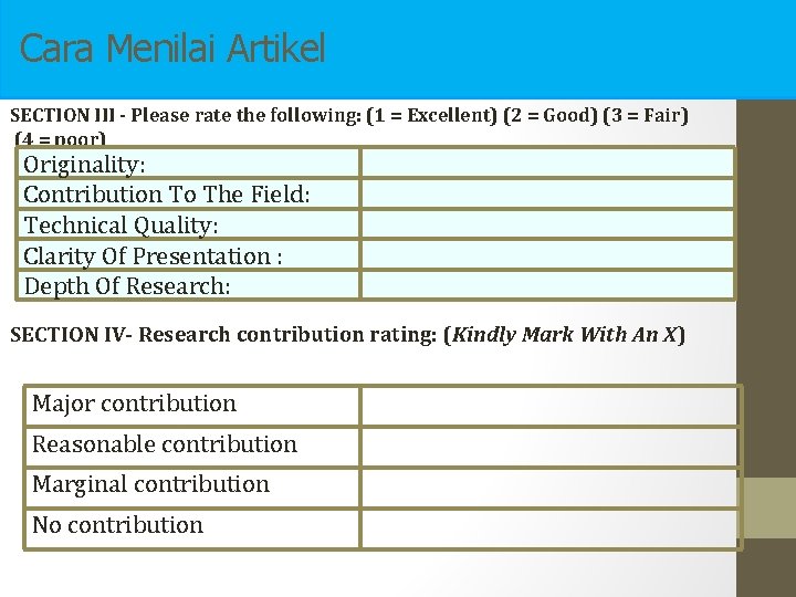 Cara Menilai Artikel SECTION III - Please rate the following: (1 = Excellent) (2