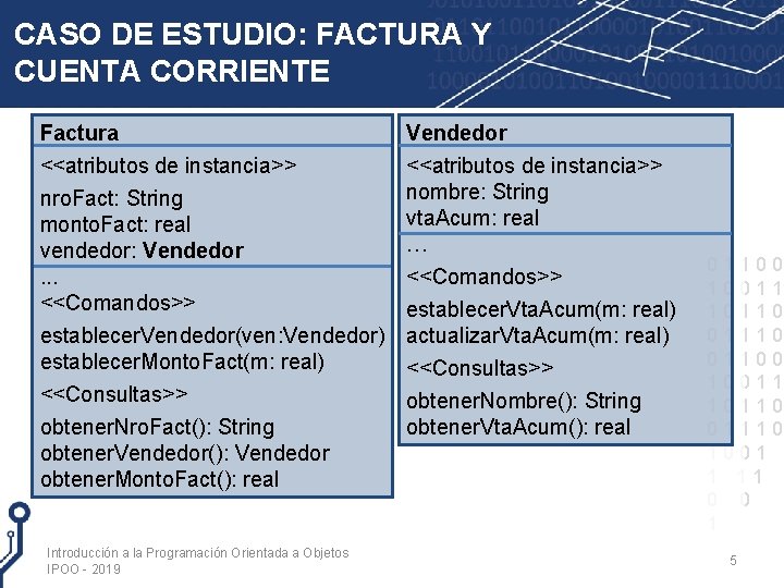 CASO DE ESTUDIO: FACTURA Y CUENTA CORRIENTE Factura <<atributos de instancia>> Vendedor <<atributos de