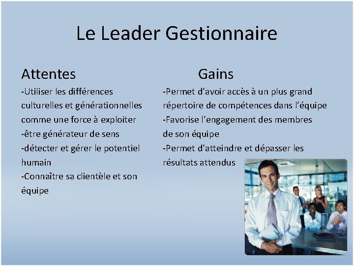 Le Leader Gestionnaire Attentes -Utiliser les différences culturelles et générationnelles comme une force à