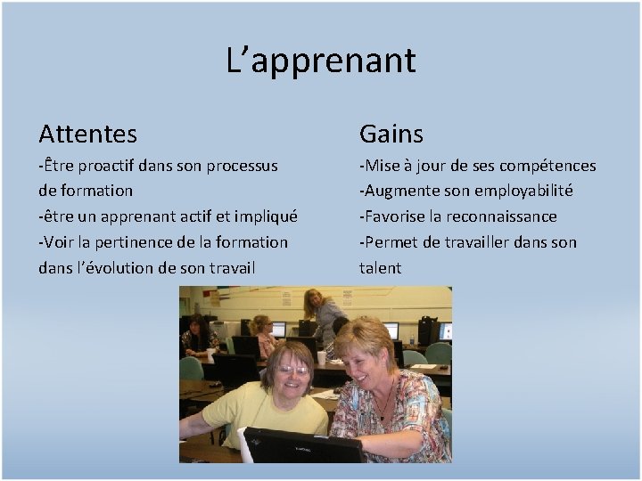 L’apprenant Attentes Gains -Être proactif dans son processus de formation -être un apprenant actif