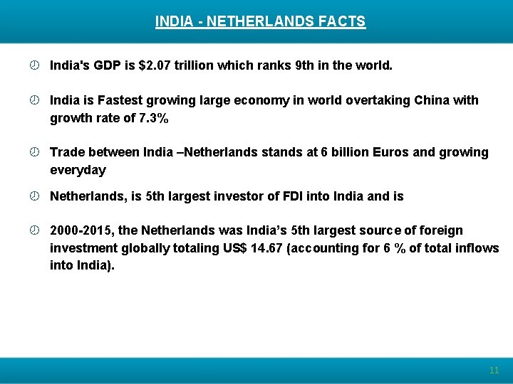 INDIA - NETHERLANDS FACTS ¾ India's GDP is $2. 07 trillion which ranks 9