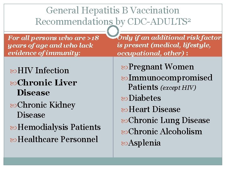 General Hepatitis B Vaccination Recommendations by CDC-ADULTS 2 For all persons who are >18