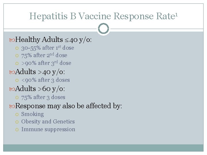 Hepatitis B Vaccine Response Rate 1 Healthy Adults ≤ 40 y/o: 30 -55% after