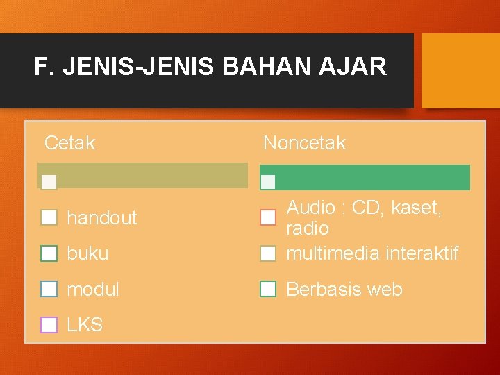 F. JENIS-JENIS BAHAN AJAR Cetak Noncetak buku Audio : CD, kaset, radio multimedia interaktif
