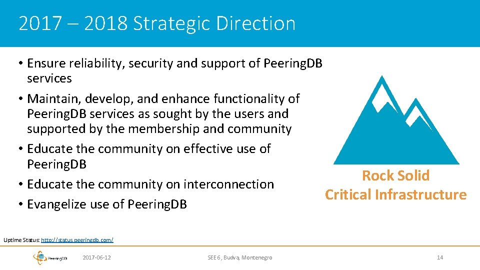 2017 – 2018 Strategic Direction • Ensure reliability, security and support of Peering. DB