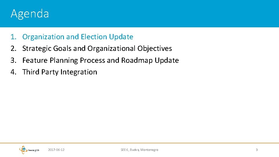 Agenda 1. 2. 3. 4. Organization and Election Update Strategic Goals and Organizational Objectives