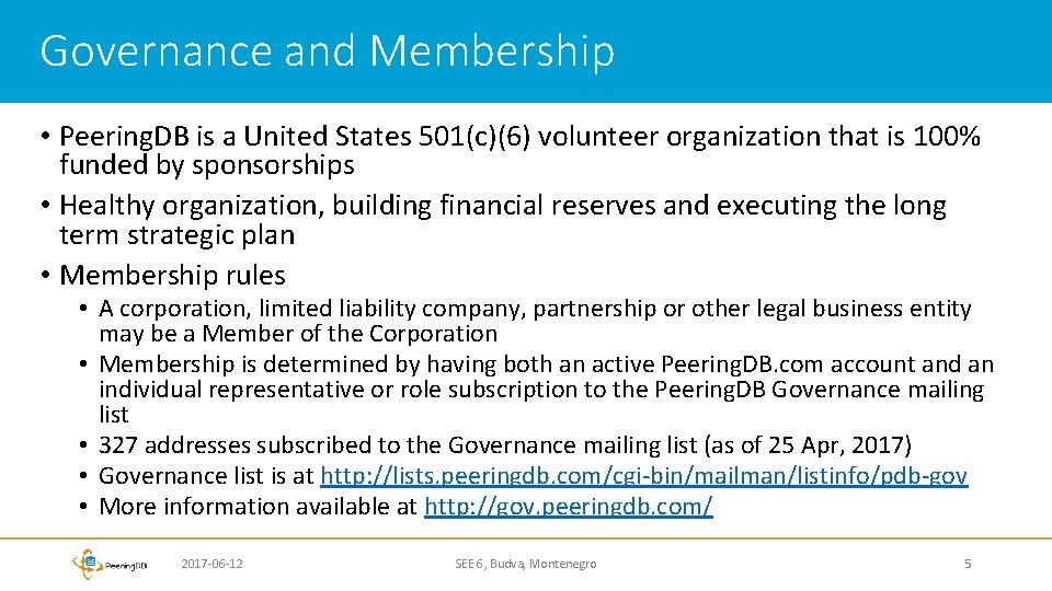 Governance and Membership • Peering. DB is a United States 501(c)(6) volunteer organization that