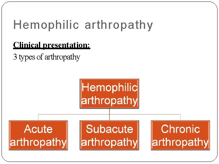 Hemophilic arthropathy Clinical presentation: 3 types of arthropathy 
