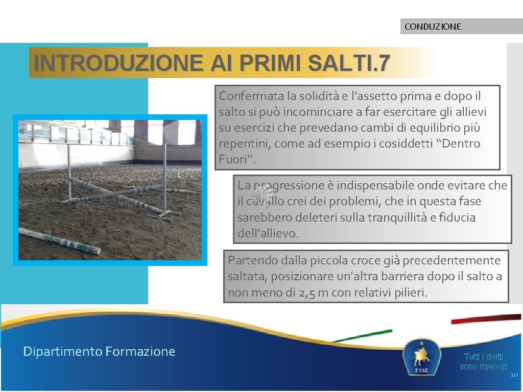 CONDUZIONE INTRODUZIONE AI PRIMI SALTI. 7 Confermata la solidità e l’assetto prima e dopo