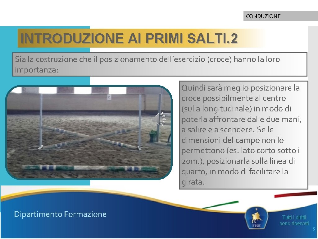 CONDUZIONE INTRODUZIONE AI PRIMI SALTI. 2 Sia la costruzione che il posizionamento dell’esercizio (croce)