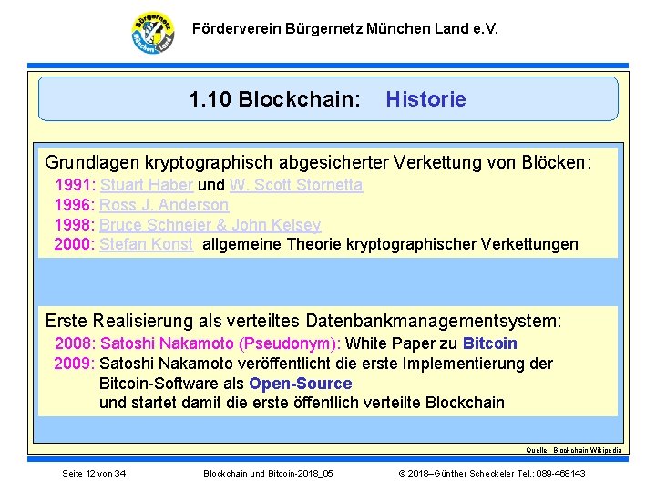 Förderverein Bürgernetz München Land e. V. 1. 10 Blockchain: Historie Grundlagen kryptographisch abgesicherter Verkettung