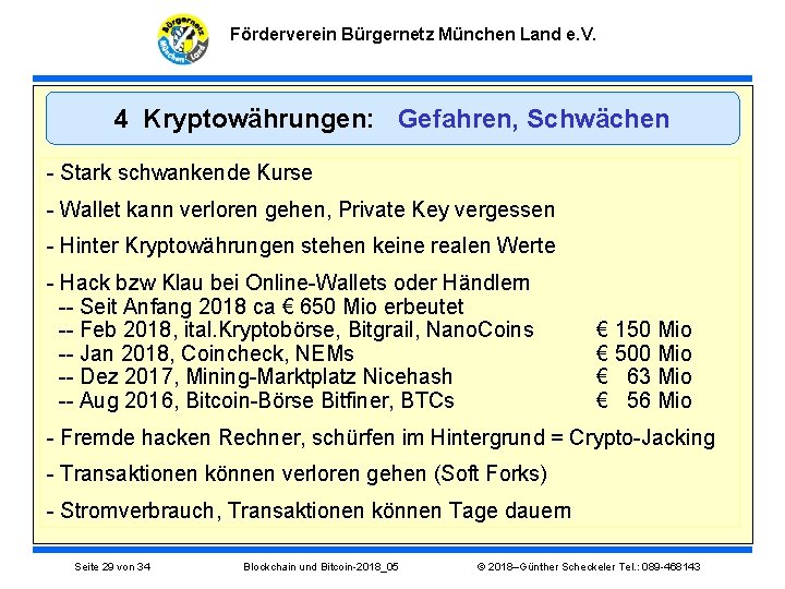 Förderverein Bürgernetz München Land e. V. 4 Kryptowährungen: Gefahren, Schwächen - Stark schwankende Kurse