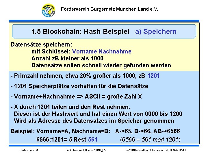 Förderverein Bürgernetz München Land e. V. 1. 5 Blockchain: Hash Beispiel a) Speichern Datensätze