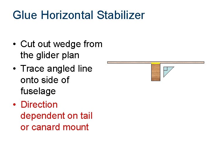 Glue Horizontal Stabilizer • Cut out wedge from the glider plan • Trace angled