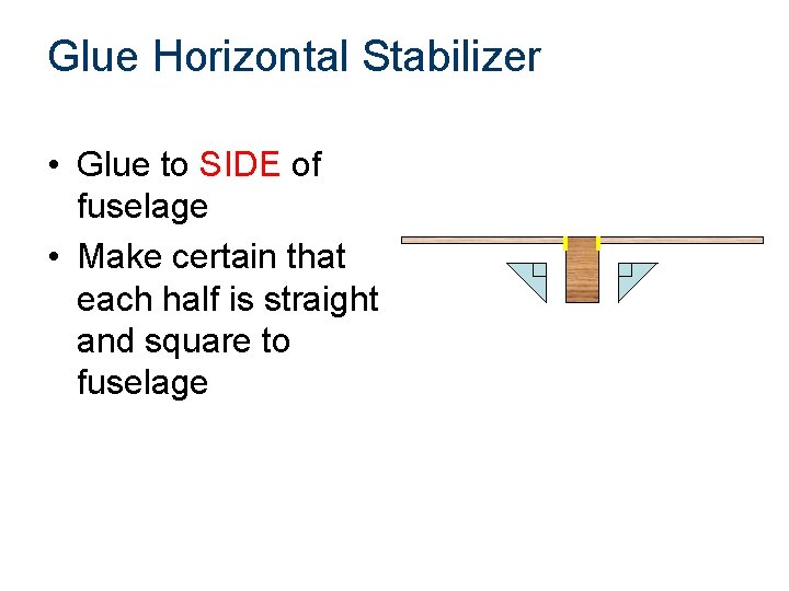 Glue Horizontal Stabilizer • Glue to SIDE of fuselage • Make certain that each