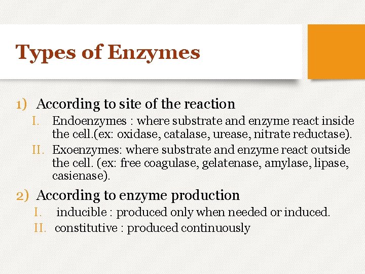 Types of Enzymes 1) According to site of the reaction I. Endoenzymes : where