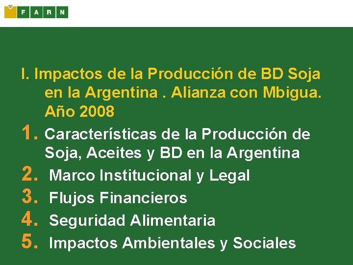 I. Impactos de la Producción de BD Soja en la Argentina. Alianza con Mbigua.