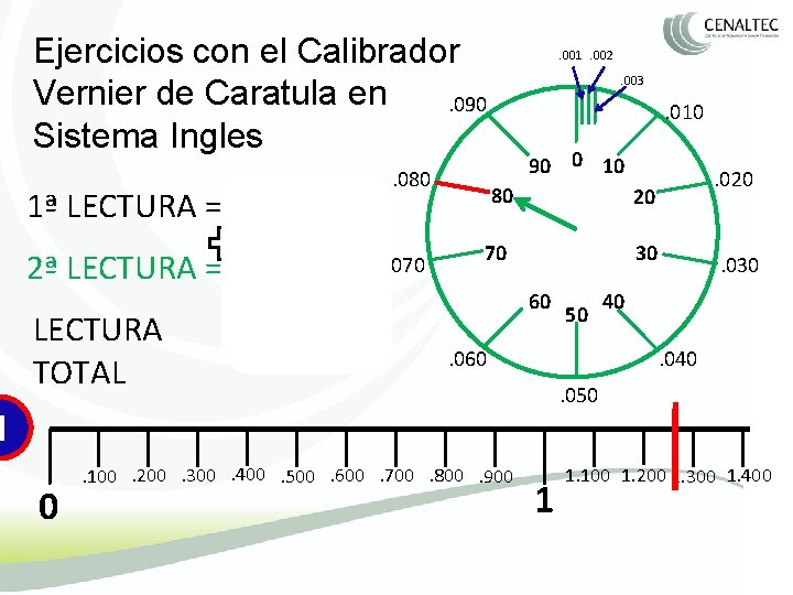 Ejercicios con el Calibrador Vernier de Caratula en. 090 Sistema Ingles 1ª LECTURA =