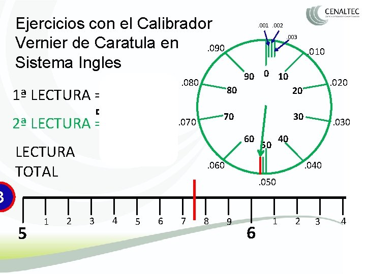 Ejercicios con el Calibrador Vernier de Caratula en. 090 Sistema Ingles 1ª LECTURA =