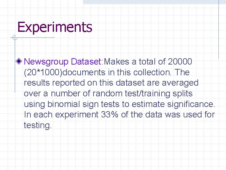 Experiments Newsgroup Dataset: Makes a total of 20000 (20*1000)documents in this collection. The results