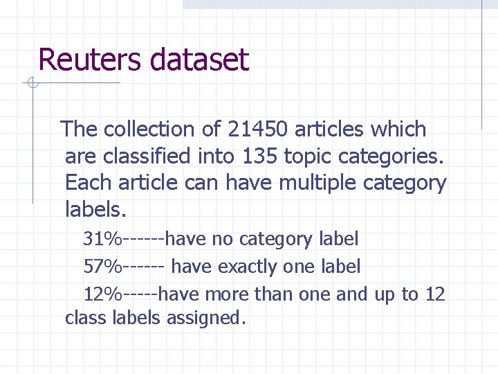 Reuters dataset The collection of 21450 articles which are classified into 135 topic categories.