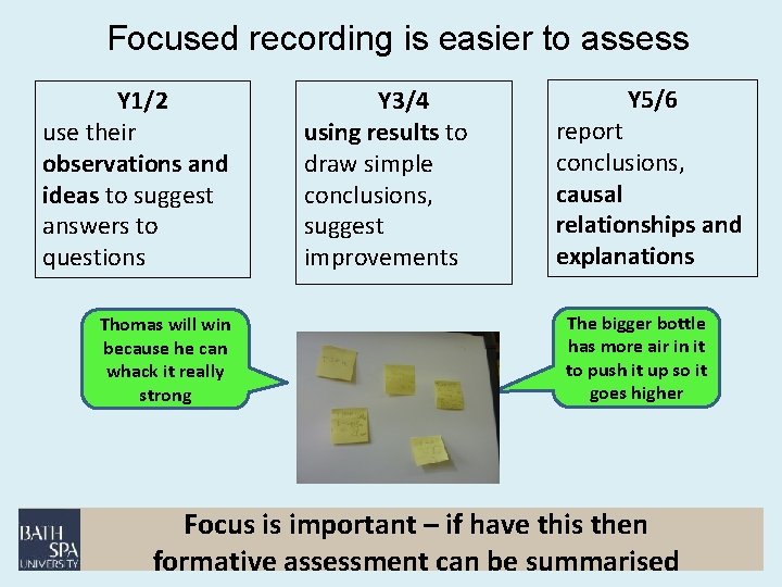 Focused recording is easier to assess Y 1/2 use their observations and ideas to