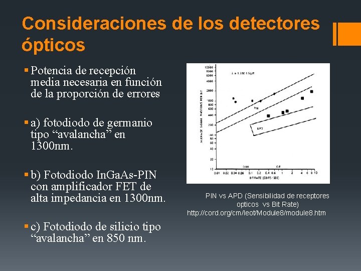 Consideraciones de los detectores ópticos § Potencia de recepción media necesaria en función de