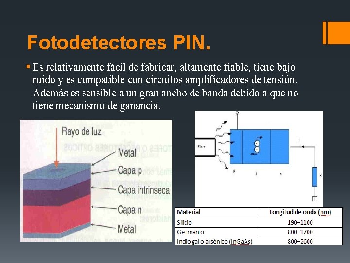 Fotodetectores PIN. § Es relativamente fácil de fabricar, altamente fiable, tiene bajo ruido y