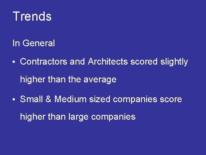  Trends In General • Contractors and Architects scored slightly higher than the average