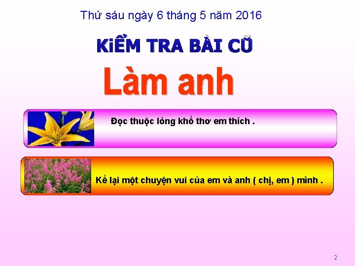 Thứ sáu ngày 6 tháng 5 năm 2016 KiỂM TRA BÀI CŨ Đọc thuộc