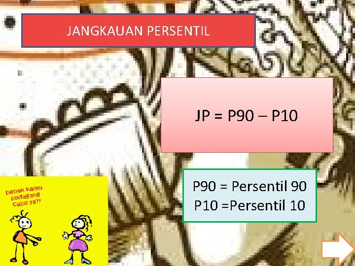JANGKAUAN PERSENTIL JP = P 90 – P 10 P 90 = Persentil 90
