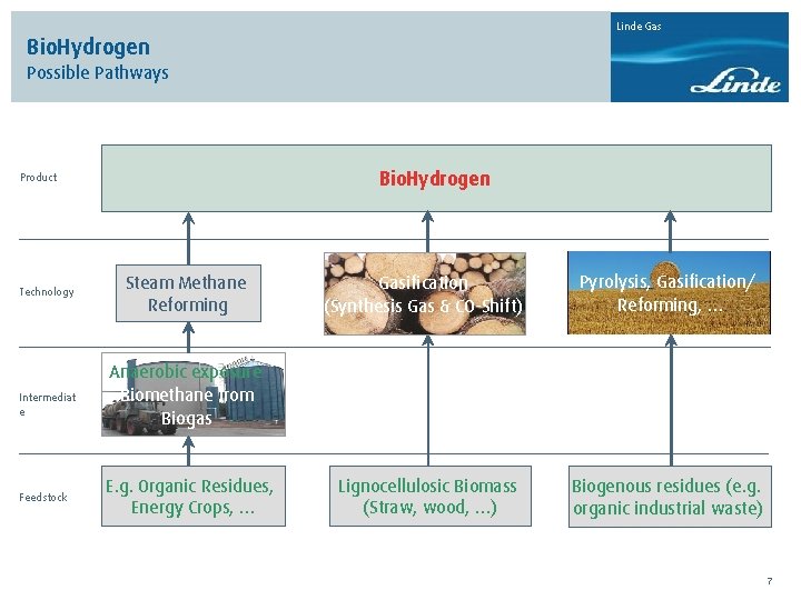 Linde Gas Bio. Hydrogen Possible Pathways Bio. Hydrogen Product Technology Intermediat e Feedstock Steam