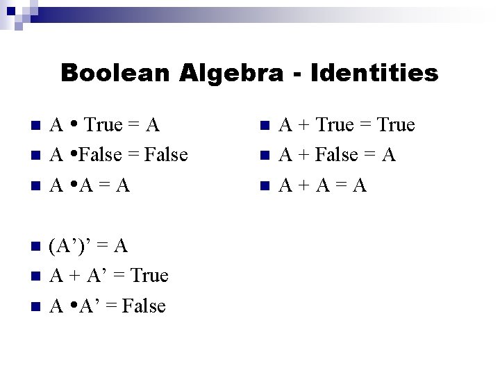 Boolean Algebra - Identities A True = A A False = False A A