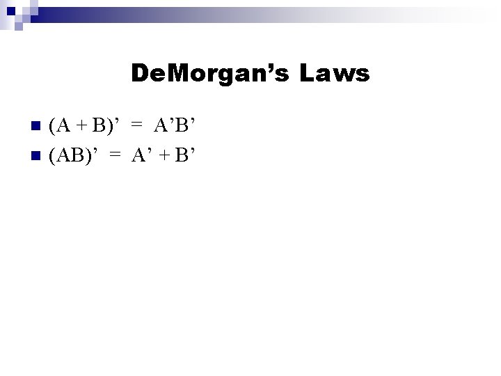 De. Morgan’s Laws (A + B)’ = A’B’ (AB)’ = A’ + B’ 